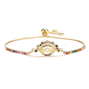 Adjustable golden MOM bracelet with colorful zircon stones in a crown heart design
