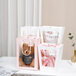 Elegant transparent window gift bag with teddy bear and pink flowers for Mother's Day