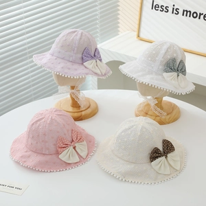 Baby girl lace bucket sun hat with polka dot bow and pom-pom trim detail