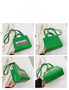 Detail view showing front, back, side and bottom of green rectangular printed tote bag