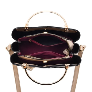 Contrast panel faux leather handbag with golden round handles and three-layer interior