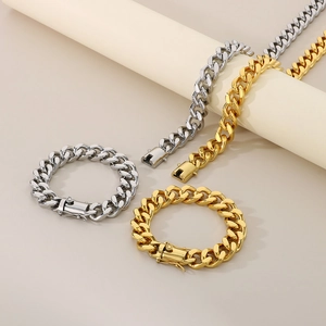 Stainless Steel Cuban Chain Necklace And Bracelet 18K Gold Plated Hip Hop Chunky Jewelry Set For Men Unisex