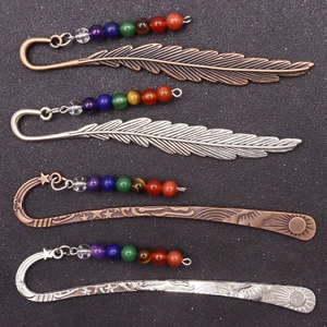 Metal Feather Bookmark With Multicolor Chakra Natural Stone Beads Sun Moon Star Retro Vintage Reading Gift For Book Lovers