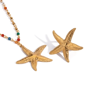 Collier Pendentif Étoile de Mer en Acier Inoxydable Avec Perles Colorées Plaqué Or 18K Bijoux Thème Océan Femme