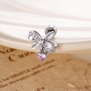 Silver bow stud earring with sparkling zircon and a pink heart-shaped crystal pendant