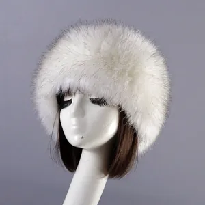 Detail showing plush faux fur texture in white with black tips on Russian style winter hat