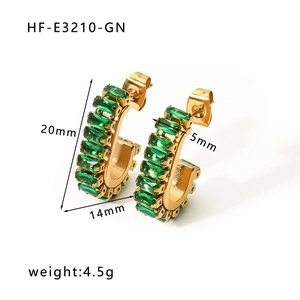 Detail view of 18K gold plated hoop earrings with green zircon and size dimensions