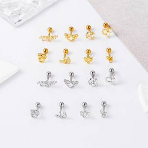 Detailed grid of stainless steel screw back stud earrings with zircon animal motifs