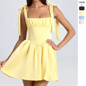 Women Sexy Mini Dress Bow Straps Square Neck Pleated A-Line Satin Feel Backless Lace-Up Summer Fashion