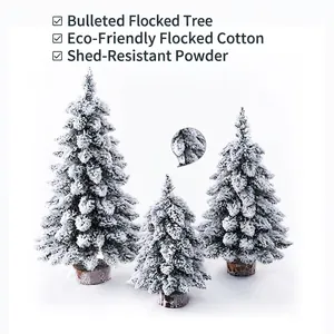 Mini Flocked Christmas Tree With Warm LED Lights And Natural Wooden Base Simulation Snow Desktop Holiday Decoration