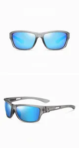 Detail view of gray translucent frame sports sunglasses with blue mirrored lenses