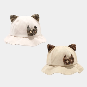 Cotton Bucket Hat With Cat Ears And Paisley Patch Button Decoration Adjustable Cute Sun Hat For Women Girls