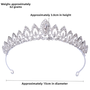 Silver leaf bridal tiara measurements: 15cm diameter, 3.8cm height, 62g weight with rhinestones