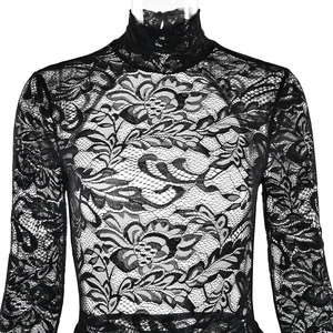 Close-up of black lace high-neck long-sleeve top with intricate floral mesh detailing