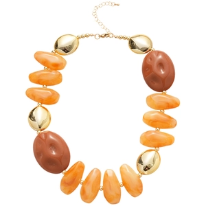 Irregular acrylic beaded necklace set in vibrant orange, brown, and shiny gold beads