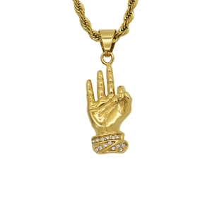 Hip hop style 18K gold plated stainless steel middle finger hand gesture necklace with stones
