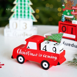 Red wooden truck Christmas countdown calendar with blocks and festive scene decor