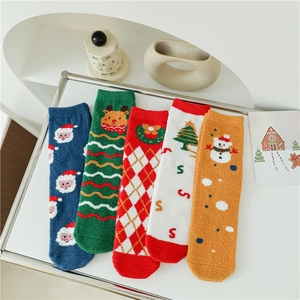 Women Christmas Coral Fleece Crew Socks Thick Warm Winter Floor Sleep Socks Santa Elk Snowman Pattern Festive Gift