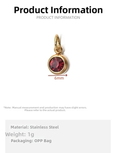 6mm gold stainless steel charm with a red round crystal and dimension markings