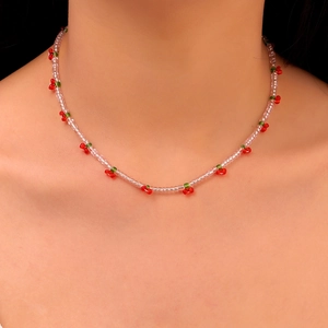 Handmade transparent beaded choker necklace with cute red cherry charms for women