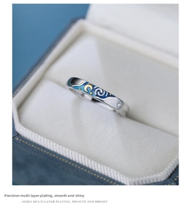 Detail of S925 silver ring featuring Van Gogh starry night enamel and gold crescent moon