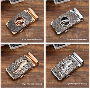 Detailed views of gold and silver leopard-style automatic alloy belt buckles for men