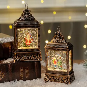Vintage bronze Christmas lanterns with glitter water globe featuring Santa Claus scenes