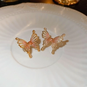 Vue macro de boucles d'oreilles papillon dégradé rose avec cadre doré sur céramique