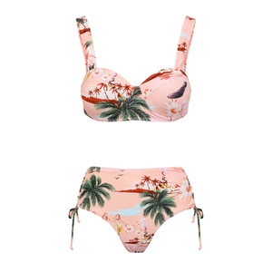 Detail of pink bikini set with palm tree prints, underwire top and high waist bottom
