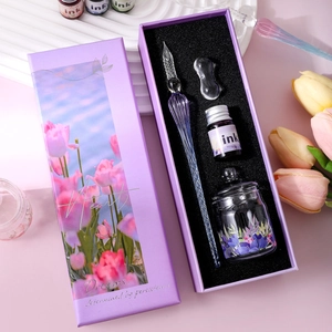 Purple gradient glass dip pen set with ink, pen holder and gift box for calligraphy