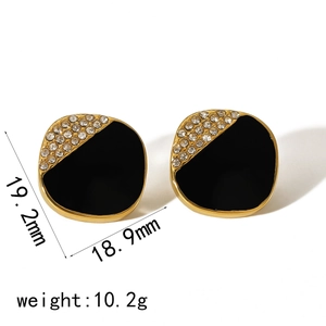 Square stainless steel stud earrings with black enamel and rhinestones 19.2mm
