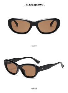 Front and 45-degree side views of vintage cat eye sunglasses with brown lenses and black frames