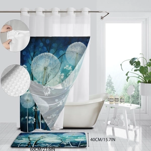 Blue dandelion shower curtain set with matching floor mat and hooks for modern bathroom