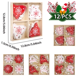 Christmas wooden ornament set with red and white deer and snowflake tree decorations