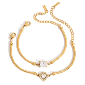18K gold plated stainless steel bracelet set with heart and rectangle zircon stones