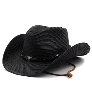 Black woven straw cowboy hat with wide brim, silver bull skull emblem and chin strap