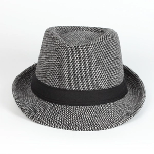 Close-up of the grey textured wool fabric and black satin band on the fedora hat