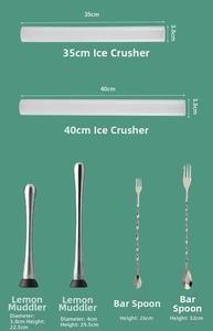 Detailed size chart for stainless steel cocktail muddlers and bar spoons with dimensions