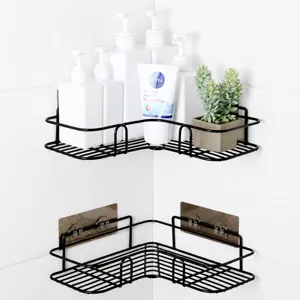 Wall-mounted L-shaped black iron bathroom corner storage rack in a two-piece set