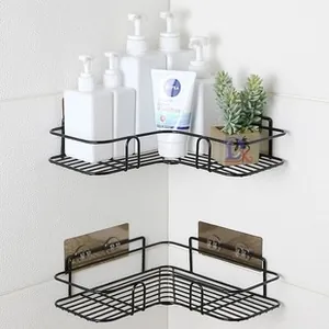 Wall-mounted L-shaped black iron bathroom corner storage rack in a two-piece set