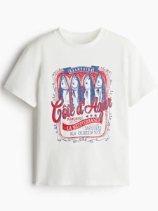 Oversize λευκό T-shirt από 100% βαμβάκι με vintage τύπωμα μεσογειακής σαρδέλας