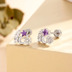 Star and moon stud earrings in silver metal with purple zircon stones and screw backings