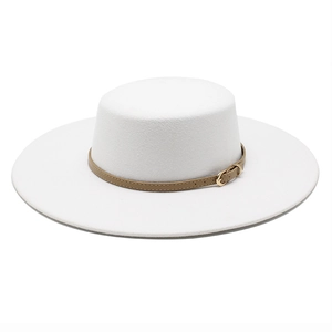 Minimalist white wool felt boater hat with wide brim and brown leather band detail