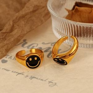Adjustable 18K gold-plated stainless steel rings with vintage black oil drip smiley faces