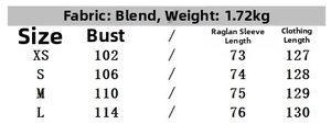 Detailed size chart for women long coat including bust, sleeve and length measurements