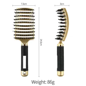 Golden professional boar bristle curved hairbrush with anti-slip handle and vented design