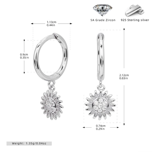 Detailed dimensions of silver sunflower earrings with zircon in 925 sterling silver