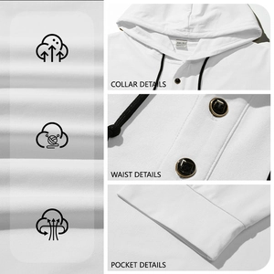 Men's white vintage stand collar pullover sweatshirt with stitching and collar details
