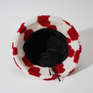 Thick plush winter bucket hat with red heart pattern and adjustable inner drawstring