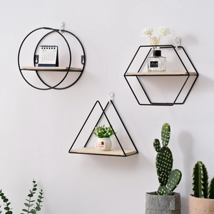 Set of 3 Nordic geometric wall shelves in black iron with light wood base